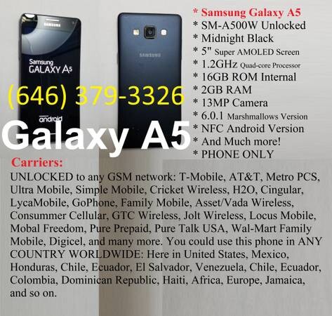 samsung-galaxy-a5-factory-unlocked-t-mobile-att-metro-phone-100-free-bronx-manhattan-delivery-big-0